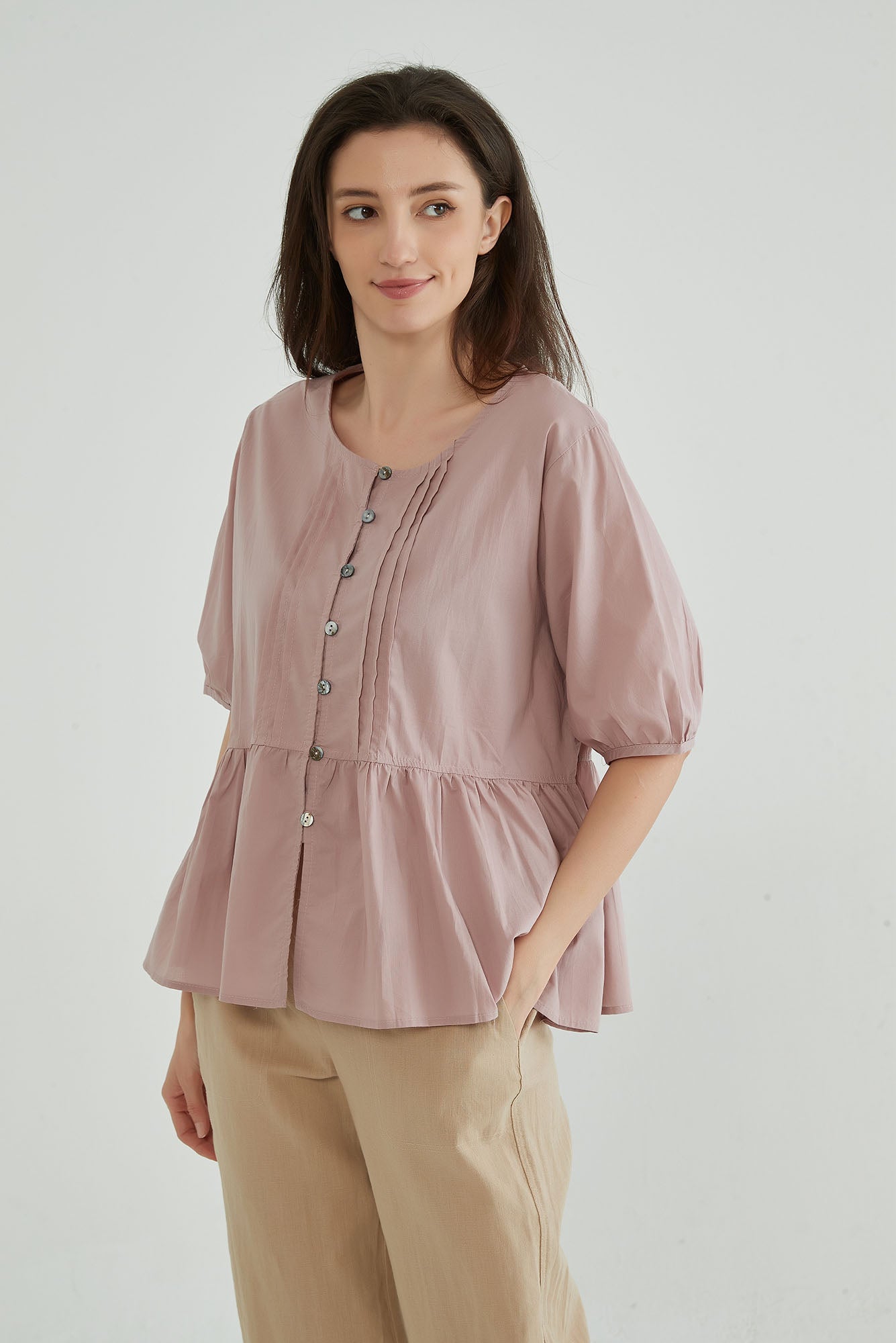Pink Cotton Linen Crinkle Top - Whisper Mint
