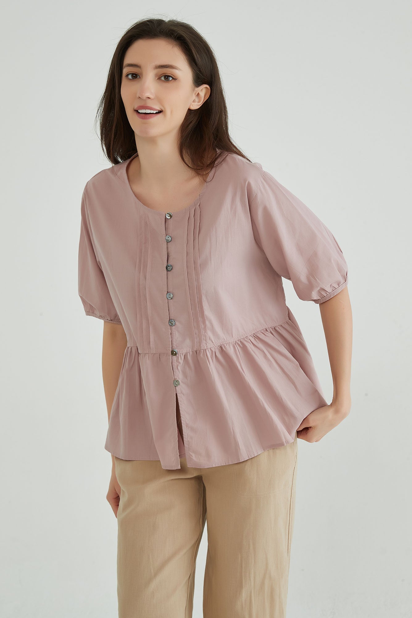 Pink Cotton Linen Crinkle Top - Whisper Mint