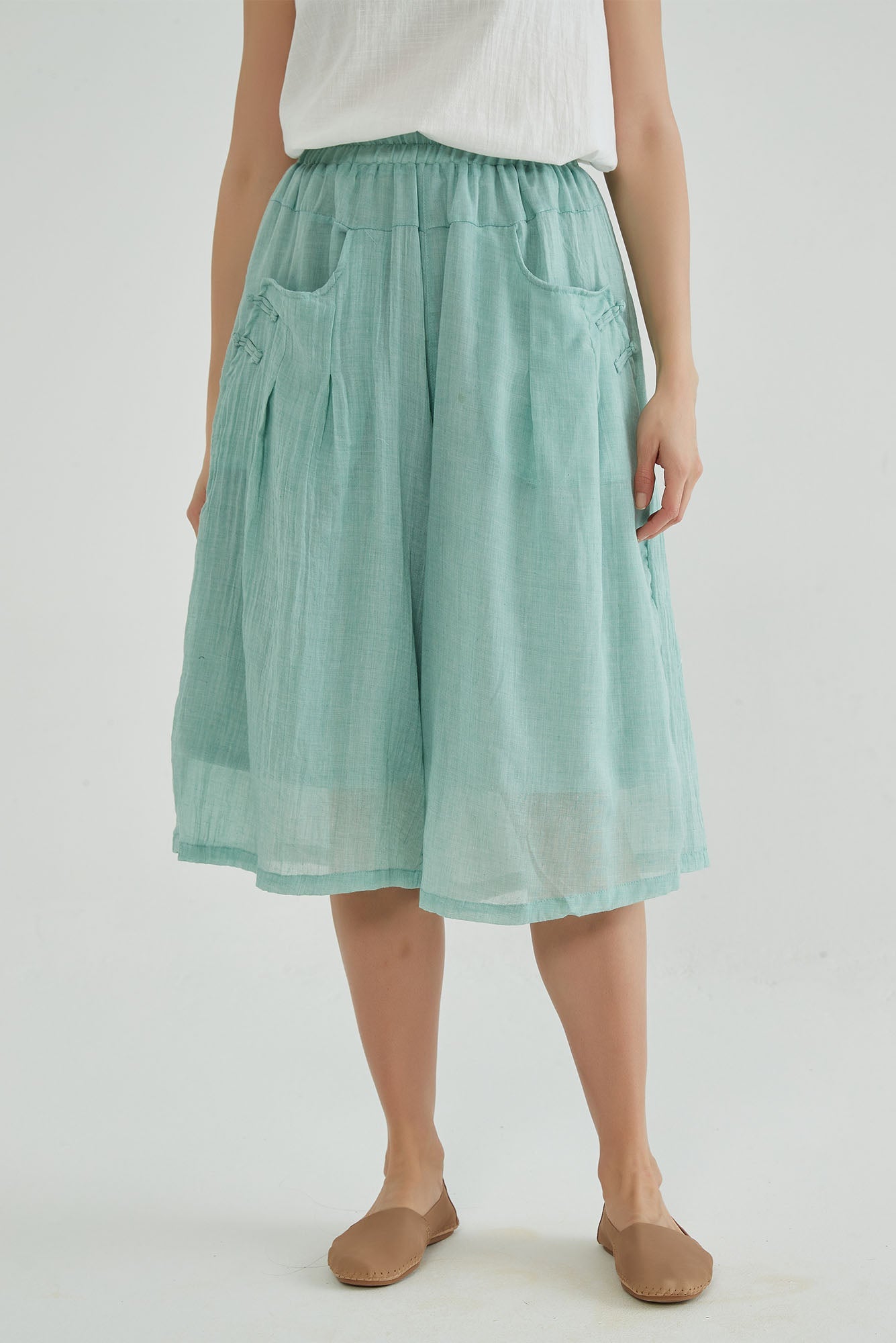 Shadow Green Wide Leg Cropped Linen Pants - Whisper Mint