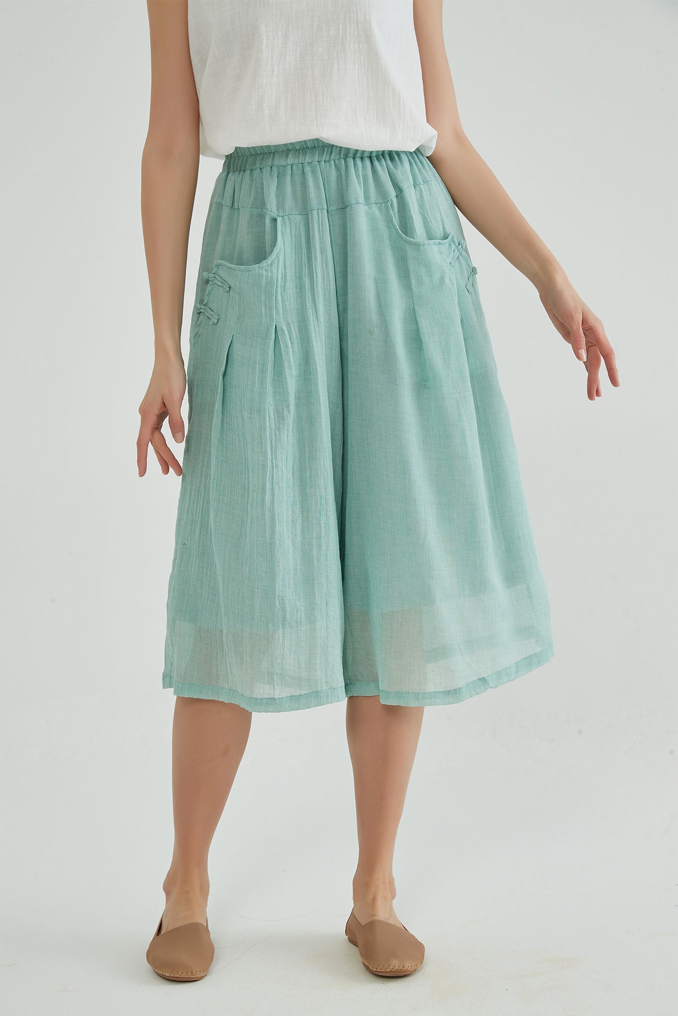 Shadow Green Wide Leg Cropped Linen Pants - Whisper Mint