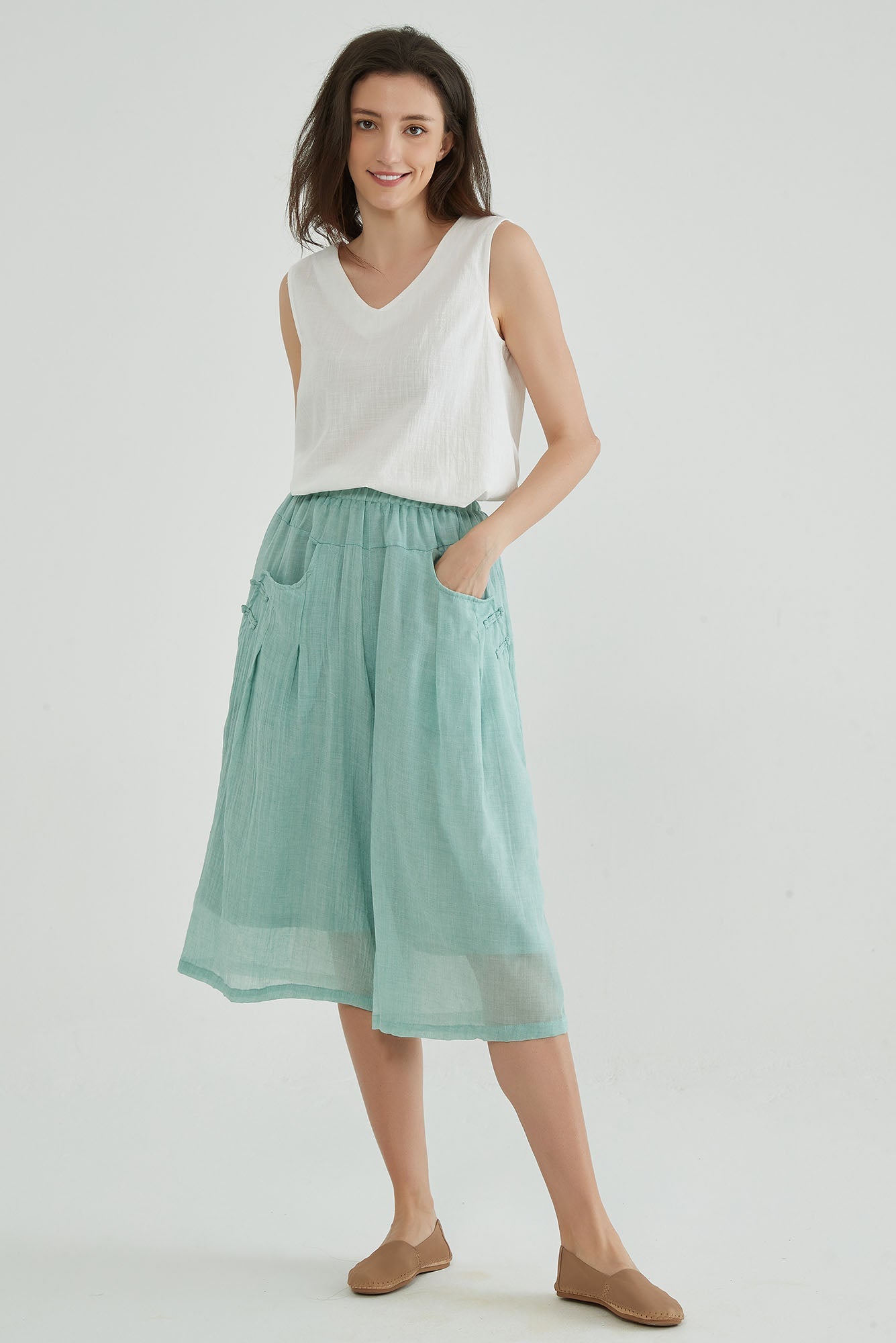 Shadow Green Wide Leg Cropped Linen Pants - Whisper Mint