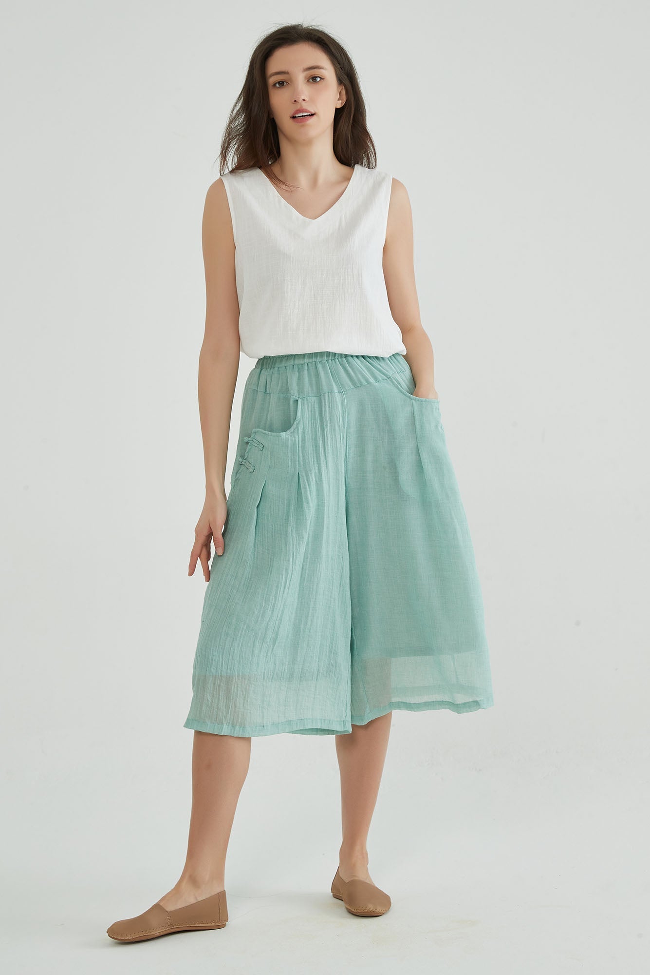 Shadow Green Wide Leg Cropped Linen Pants - Whisper Mint