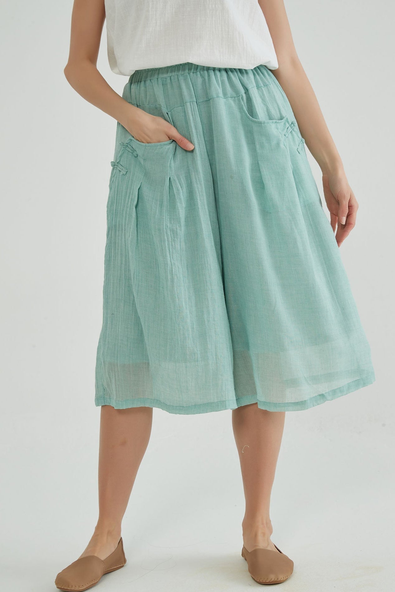 Shadow Green Wide Leg Cropped Linen Pants - Whisper Mint