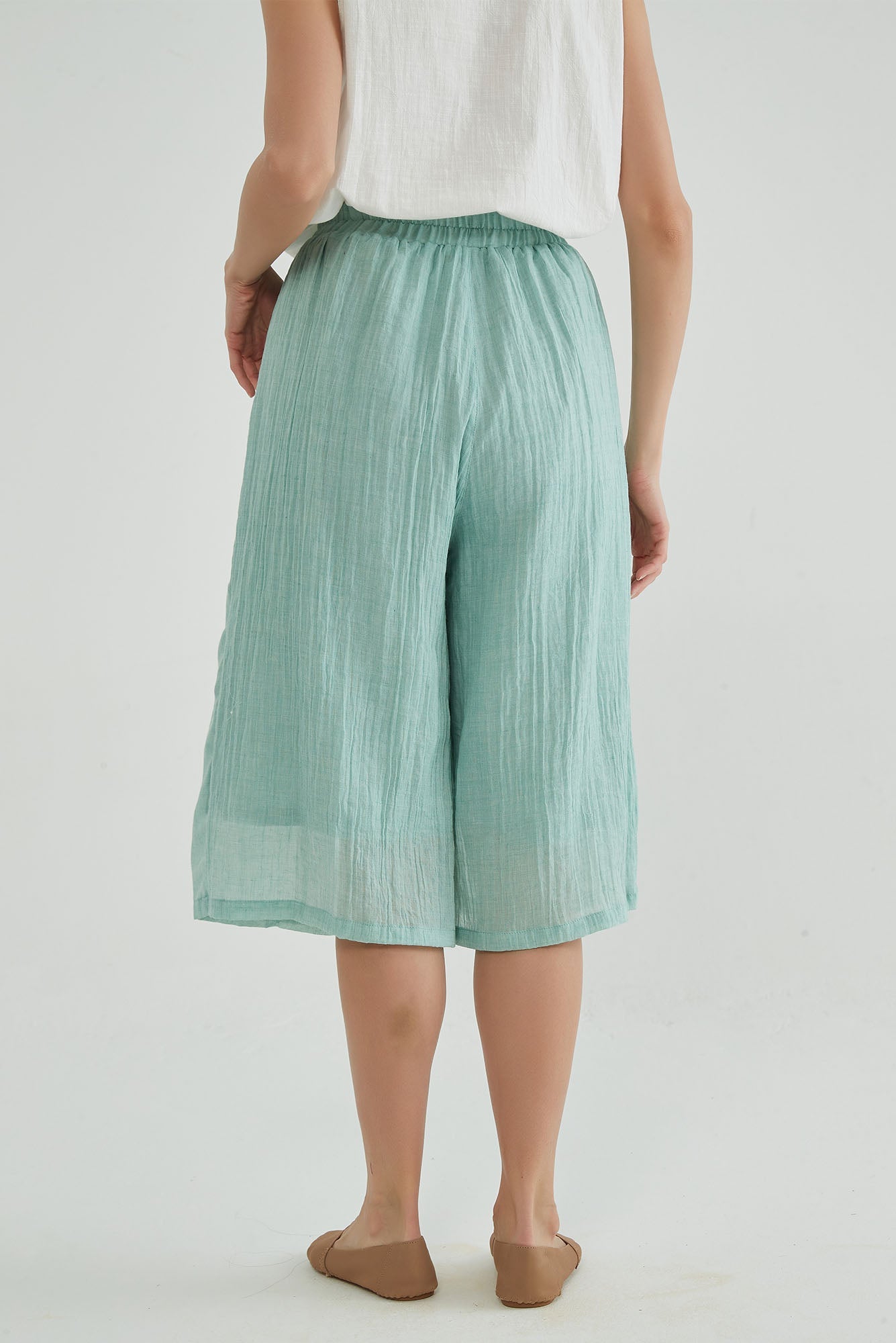 Shadow Green Wide Leg Cropped Linen Pants - Whisper Mint