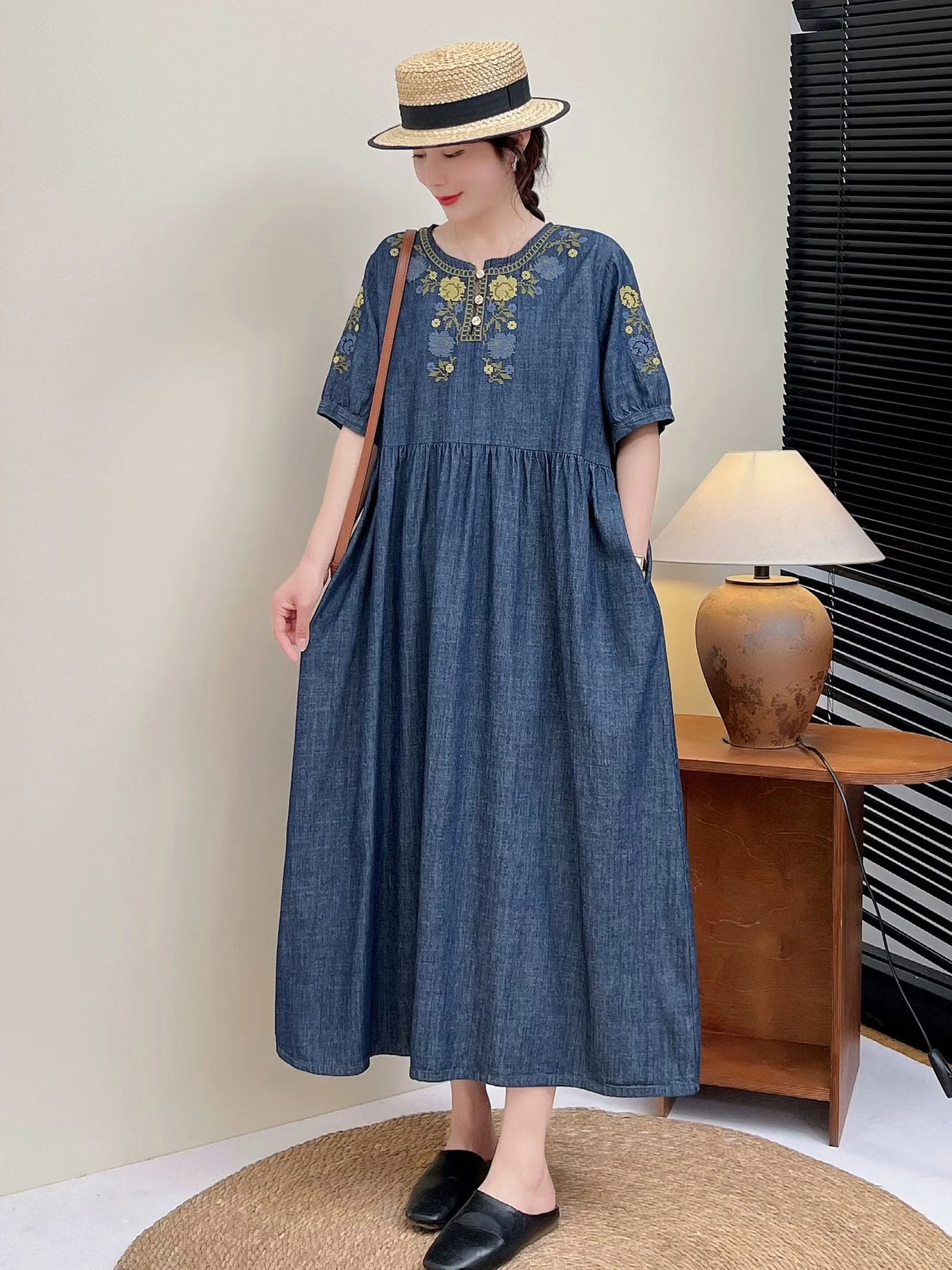 Denim dress embroidered best sale