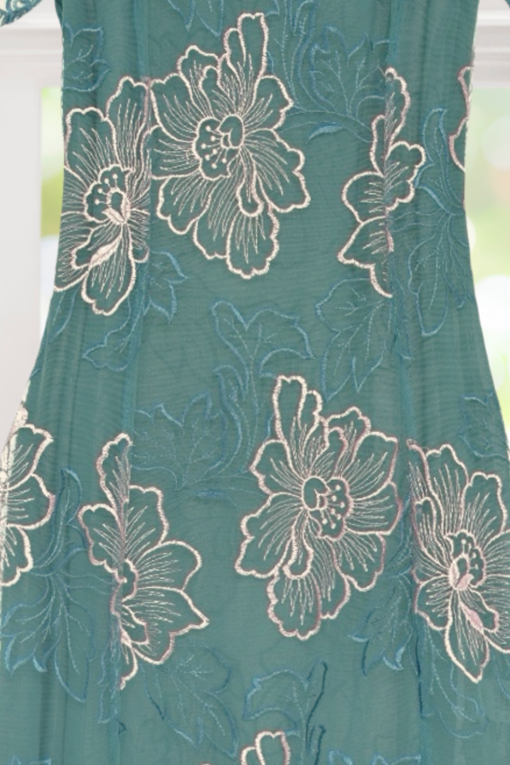 Caroline Teal Embroidered Midi Dress