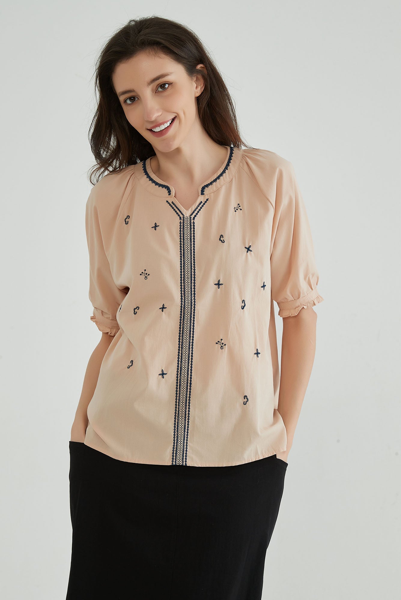 Toasted Almond Short Sleeves Embroidery Tunic - Whisper Mint