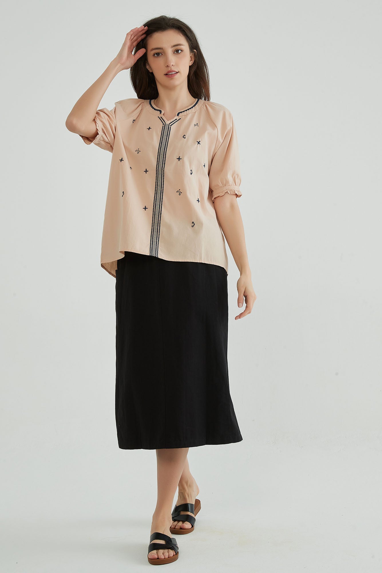 Toasted Almond Short Sleeves Embroidery Tunic - Whisper Mint