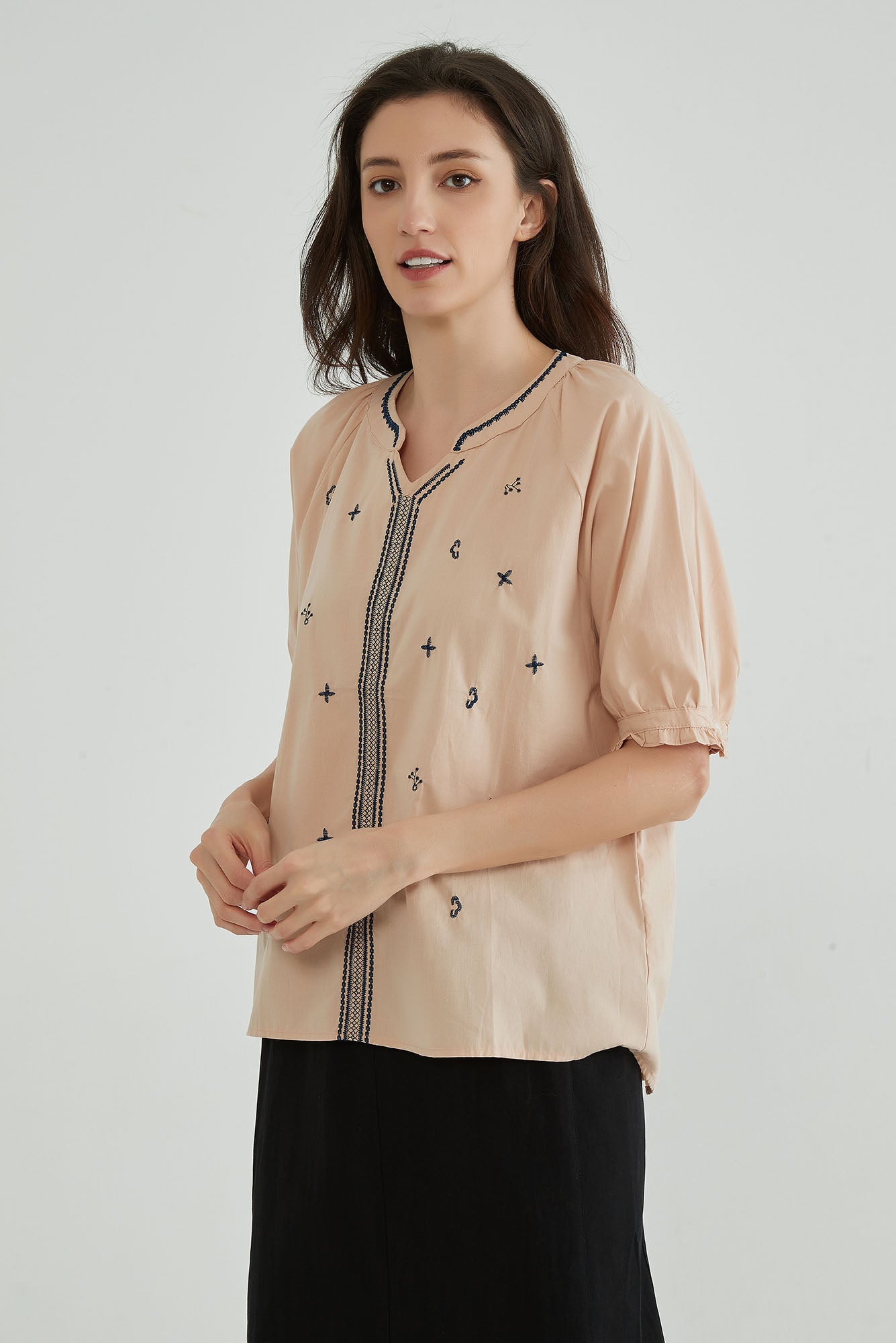 Toasted Almond Short Sleeves Embroidery Tunic - Whisper Mint