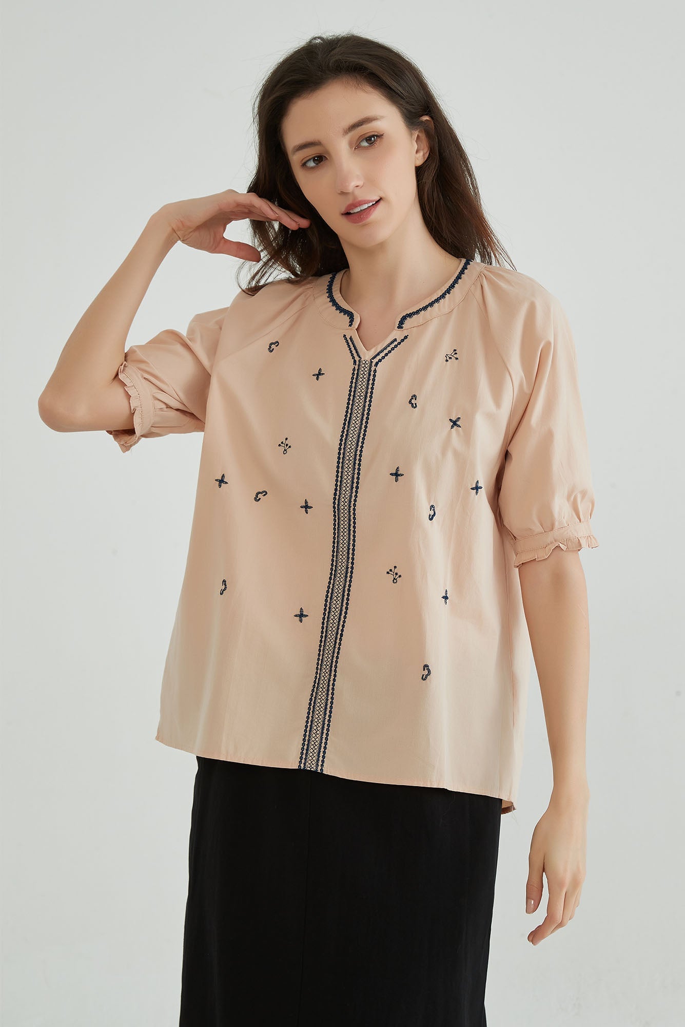 Toasted Almond Short Sleeves Embroidery Tunic - Whisper Mint