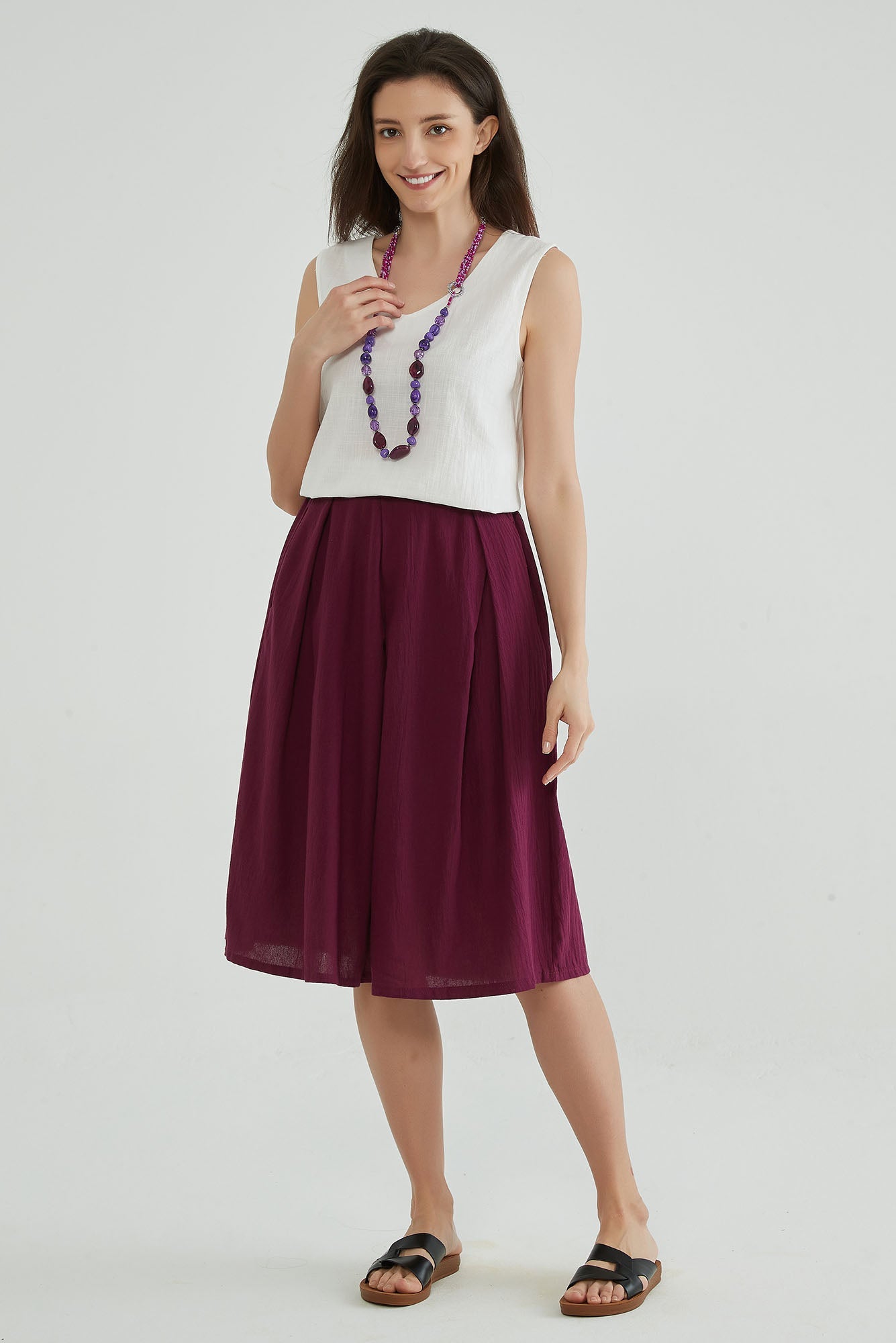 Wine Berry A Line Cotton Linen Skirt - Whisper Mint