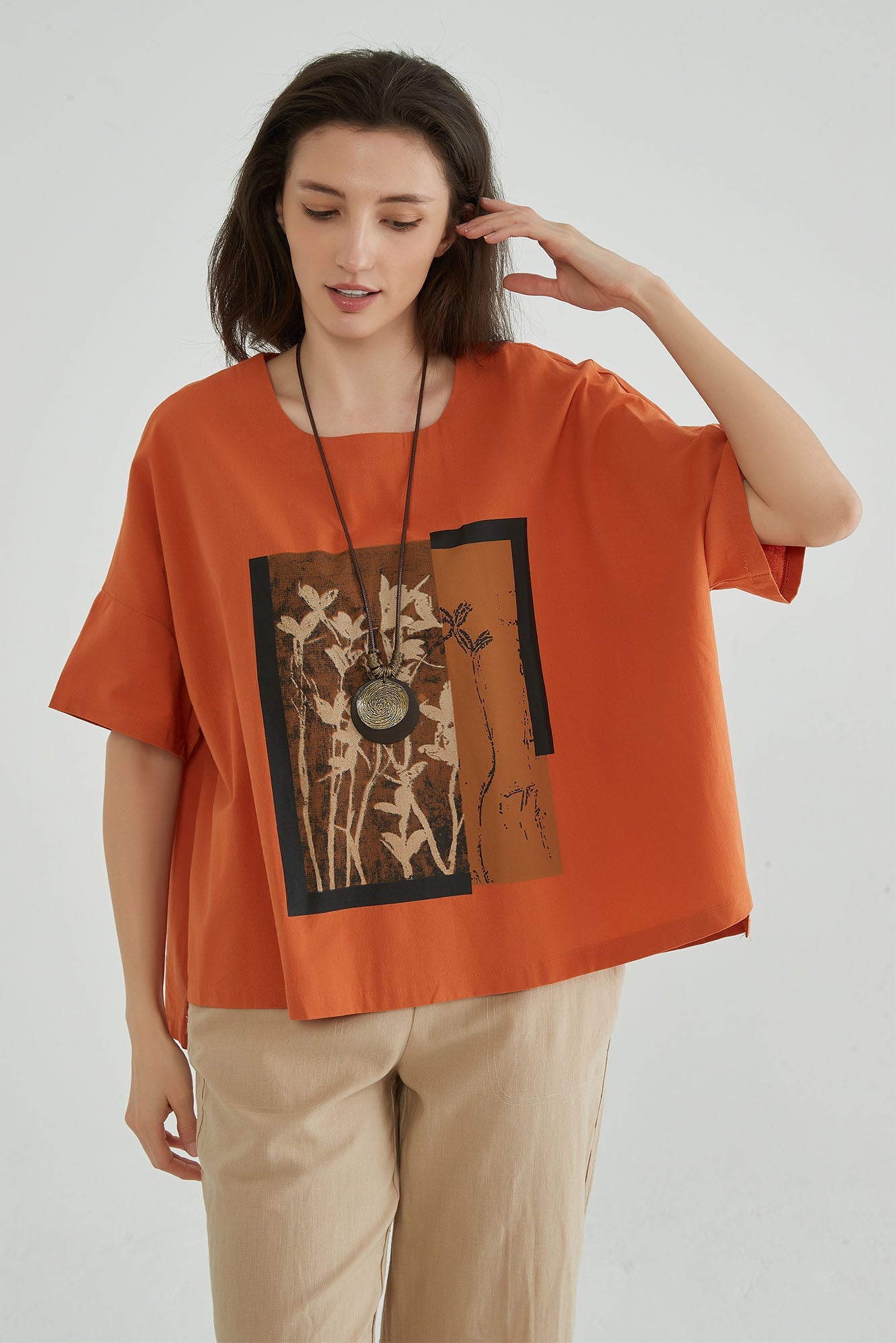 Women Oversize Floral Linen Blouse - Whisper Mint