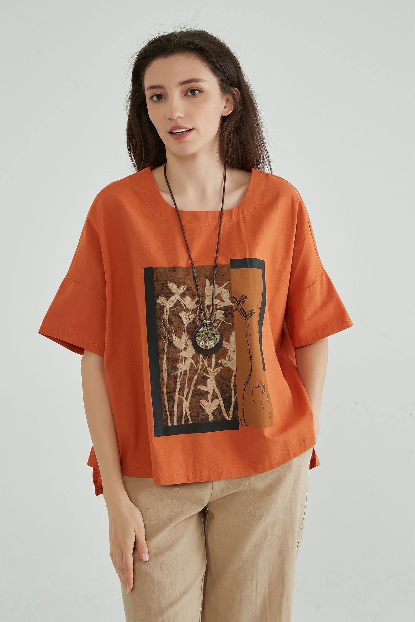 Women Oversize Floral Linen Blouse - Whisper Mint