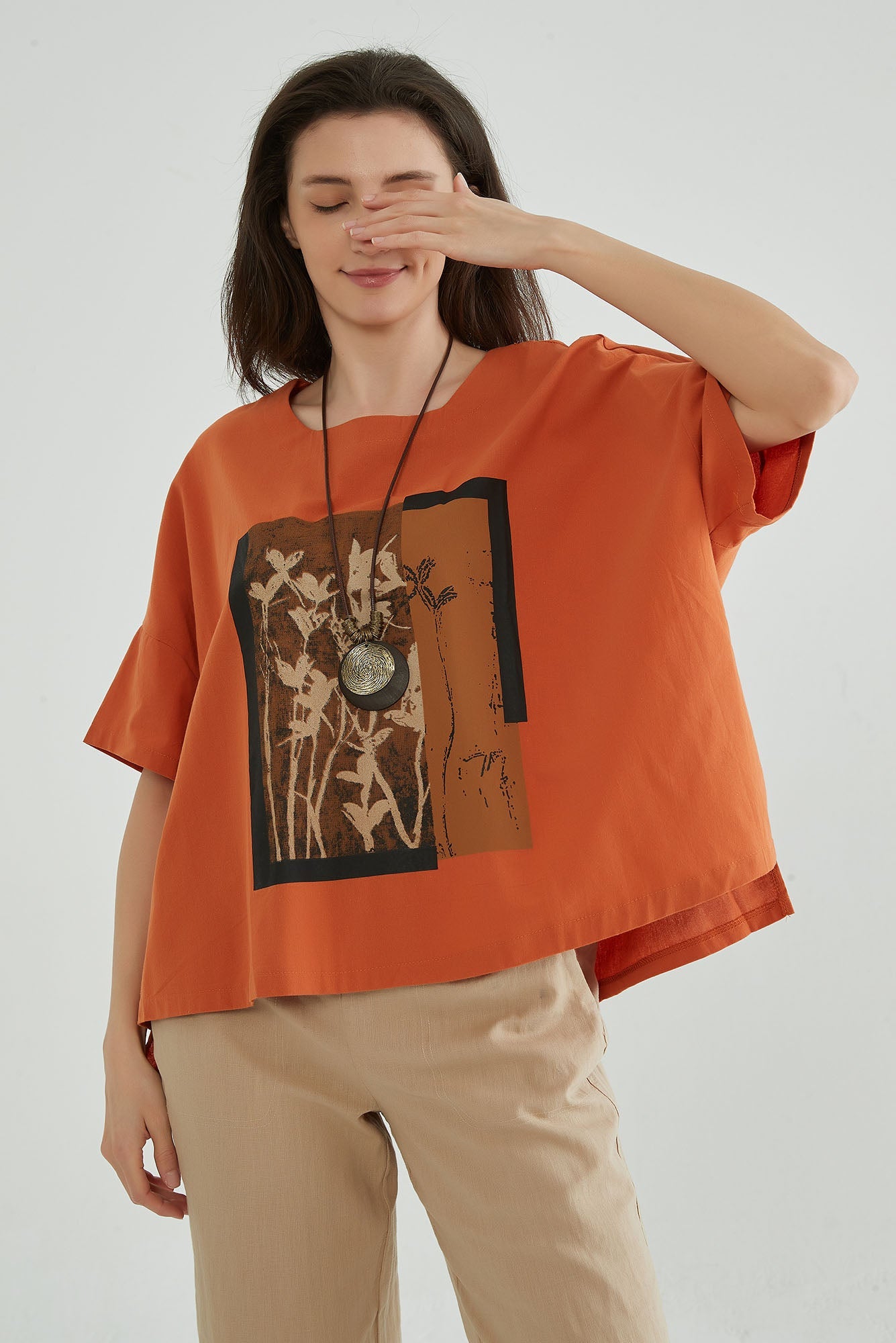 Women Oversize Floral Linen Blouse - Whisper Mint