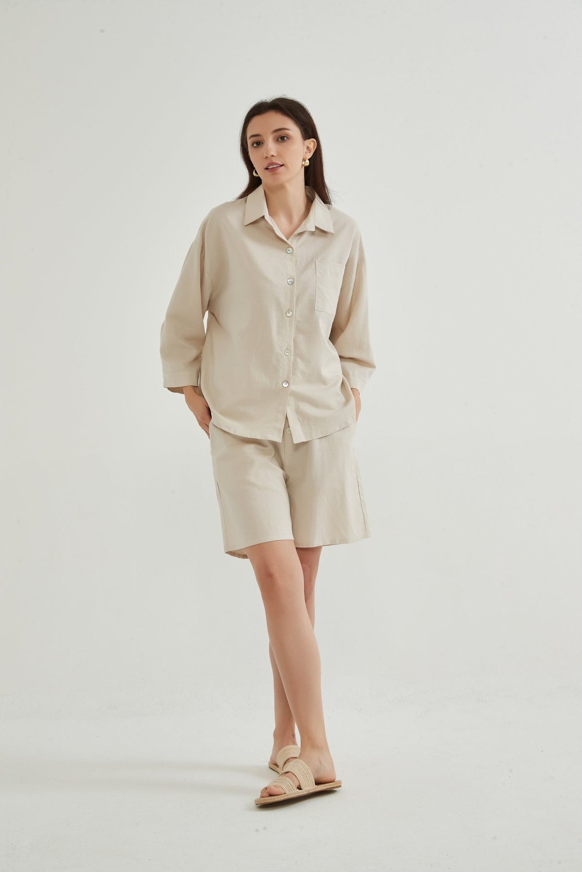 Daniella Long Sleeve Shirt and Elastic Waist Shorts Set - Whisper Mint