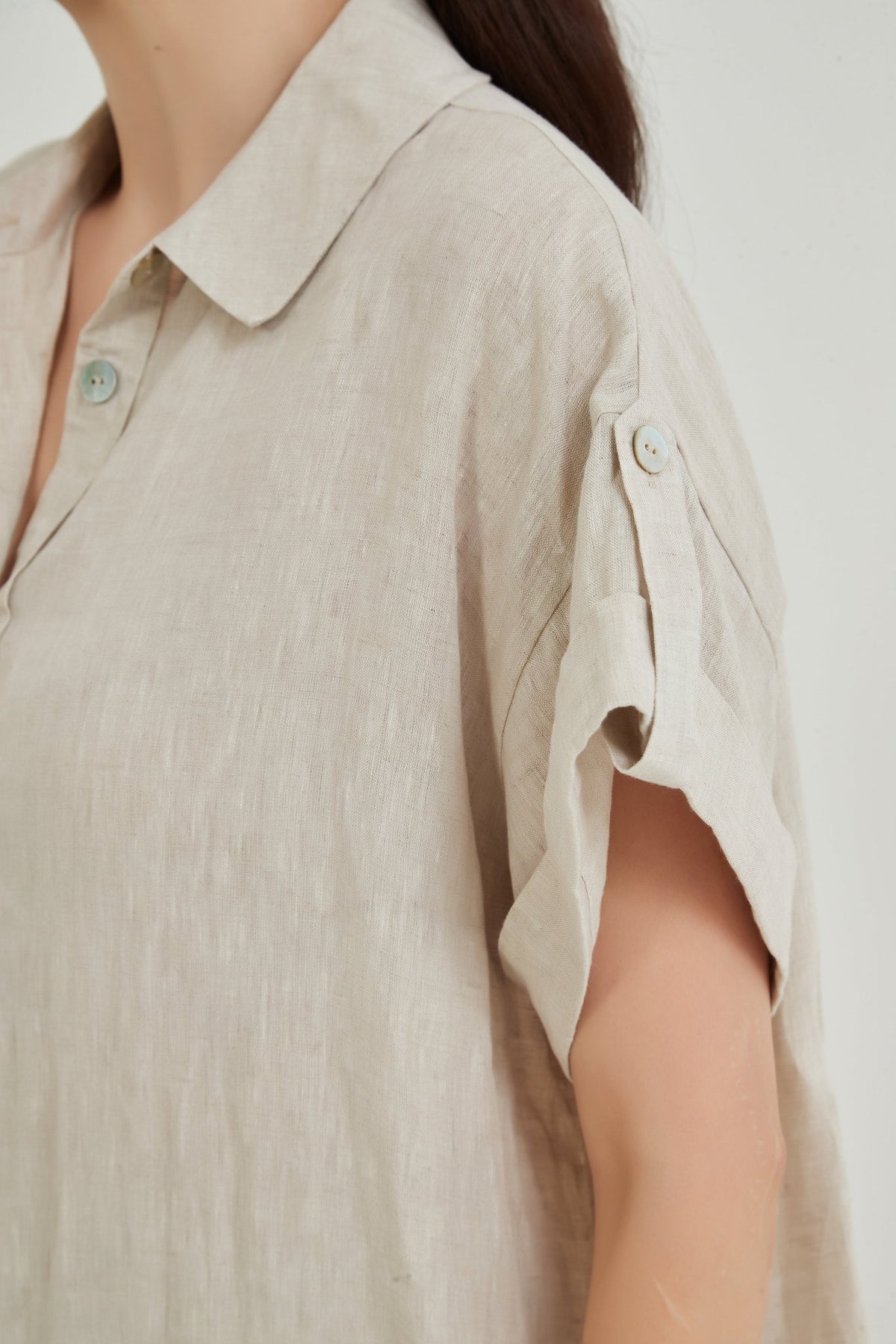 Iris Stand Collar 100% Linen Midi Dress - Whisper Mint