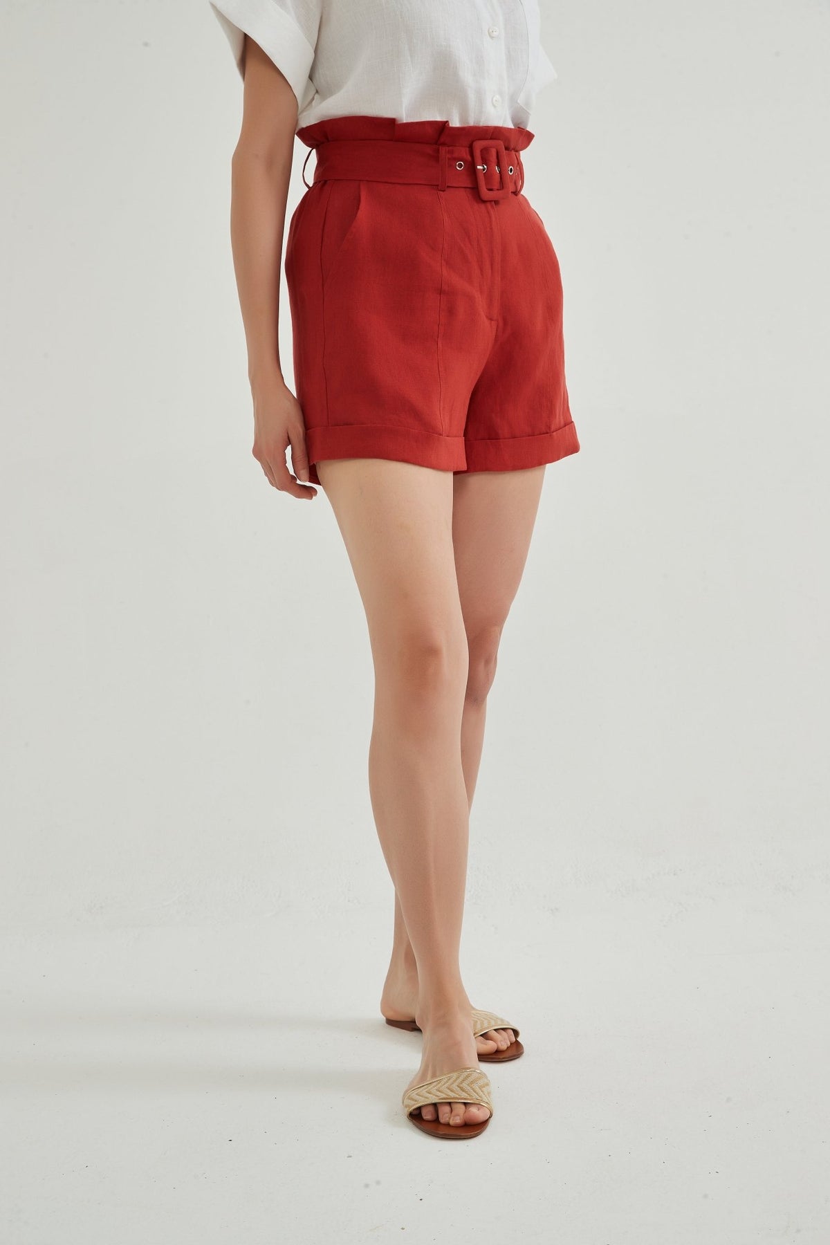 Pre-Order Natalie Belted 100% Linen Shorts - Whisper Mint