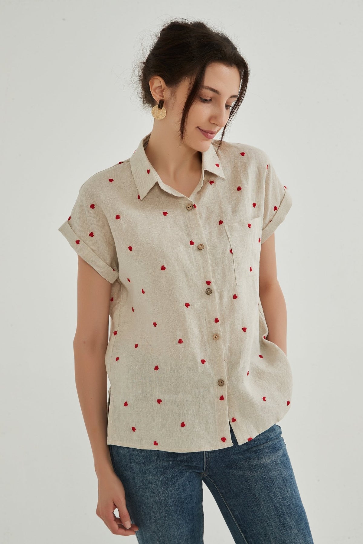 Pre-order Xandra 100% Linen Embroidery Heart Shirt - Whisper Mint